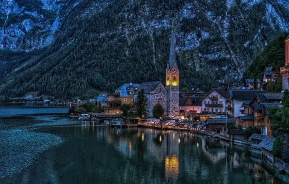 Picture landscape, mountains, lake, tower, home, the evening, Austria, lighting