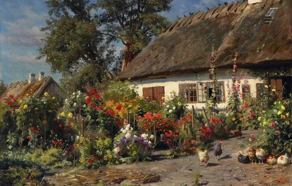 Trees, landscape, flowers, house, Windows, picture, hut, chickens