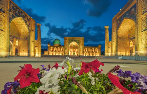 Picture flowers, gate, mosque, the minaret, Uzbekistan, Samarkand