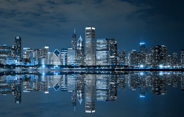 Night, the city, lights, reflection, Chicago, USA