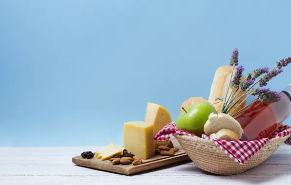 Apple, cheese, bread, nuts, basket, baguette, lavender, Morse