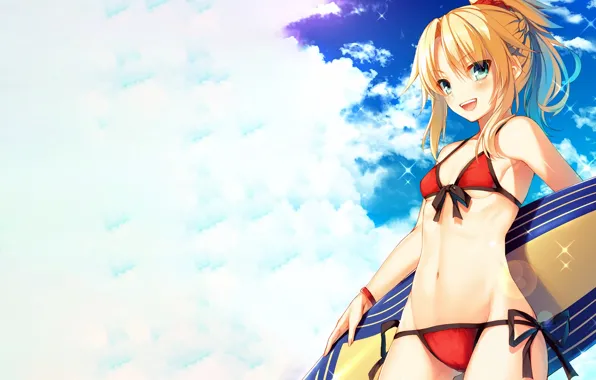 Girl, sexy, cleavage, sky, green eyes, long hair, boobs, anime