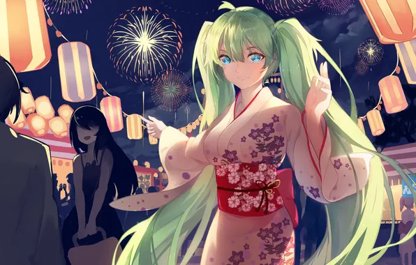 Picture girl, people, anime, art, fireworks, kimono, vocaloid, hatsune miku