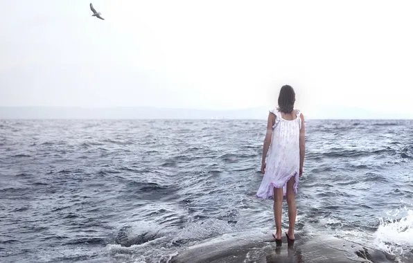 Sea, girl, mood, seagulls