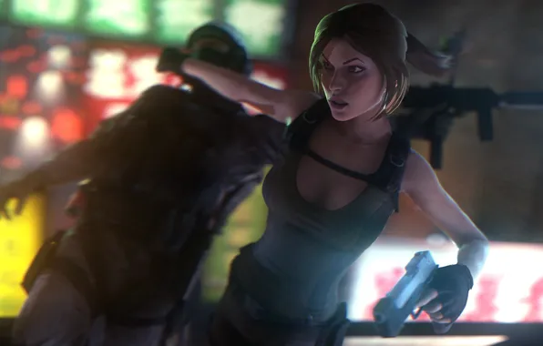 Wallpaper look, girl, face, gun, weapons, lara croft, tomb raider ...