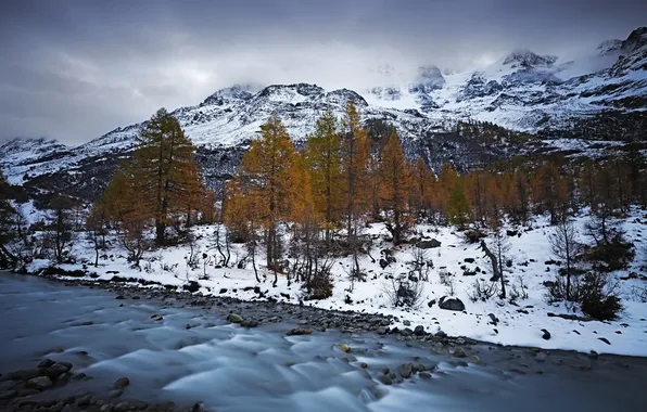 Autumn, snow, river