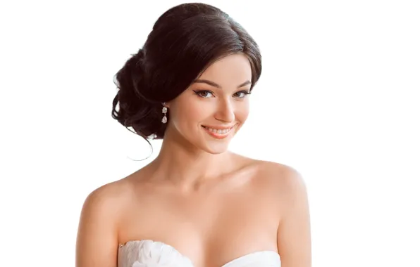 Picture look, smile, portrait, makeup, dress, brunette, hairstyle, white background