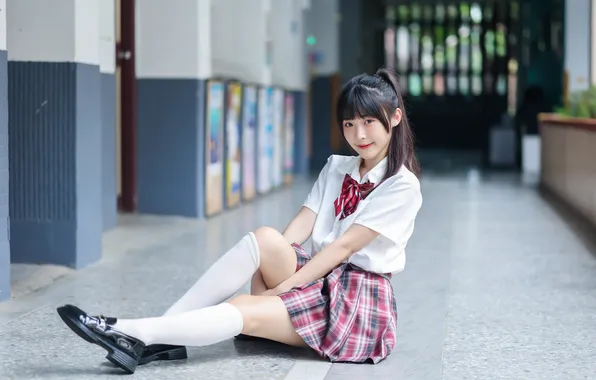 Girl, skirt, brunette, blouse, legs, Asian, knee, sitting