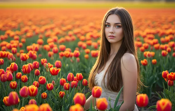 Look, girl, flowers, spring, tulips, red, brown hair, walk