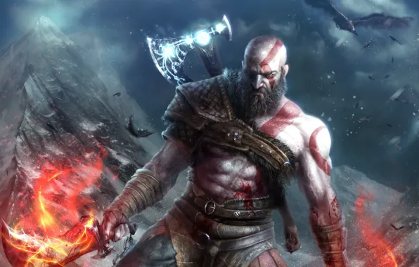 Picture look, weapons, bird, the game, art, beard, axe, Kratos