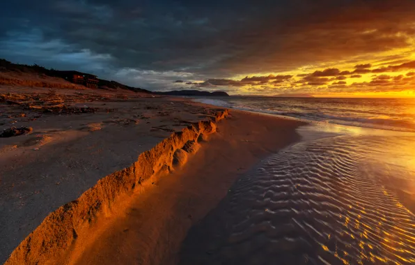 Picture sand, sea, the sky, sunset, clouds, coast, glow