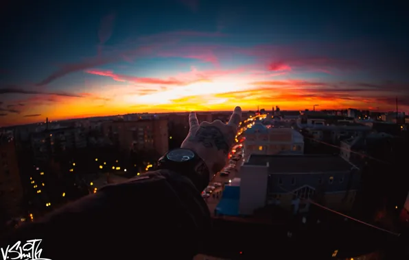 Picture the sky, sunset, hand, the evening, tattoo, sky, sunset, evening