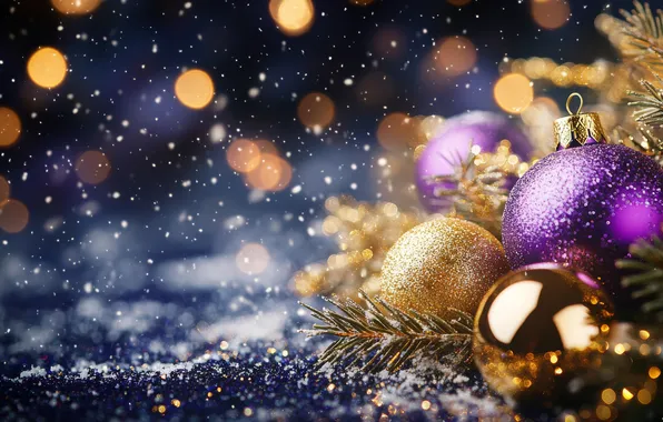 Balls, lights, the dark background, balls, Christmas, purple, New year, needles