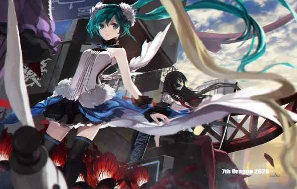 Picture the sky, clouds, flowers, girls, anime, art, vocaloid, hatsune miku