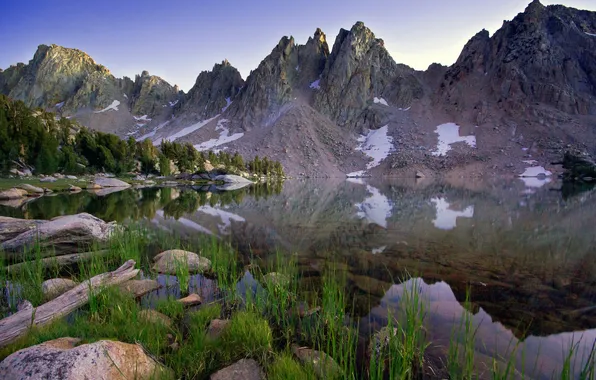 Forest, grass, landscape, mountains, lake, stones, shore, Nature