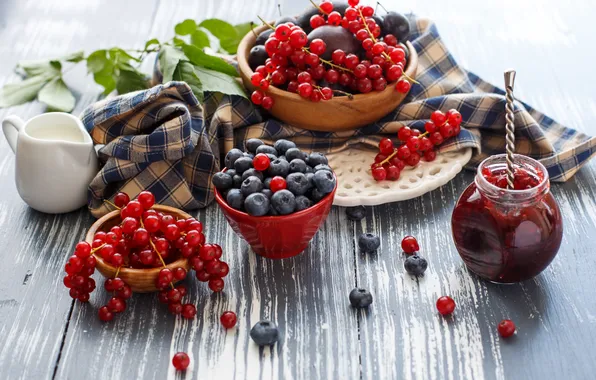 Berries, still life, jam, blueberries, red currant
