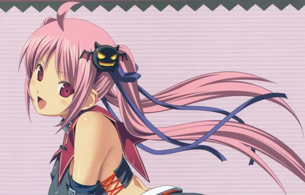 Collar, bat, demoness, bangs, lacing, bandeau, pink hair, striped background