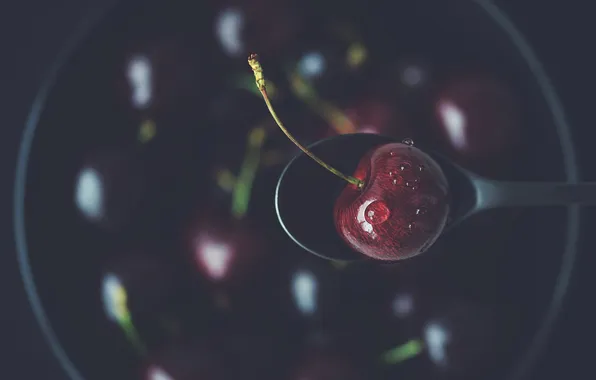 Drops, cherry, berries, the dark background, berry, spoon, bowl, black background