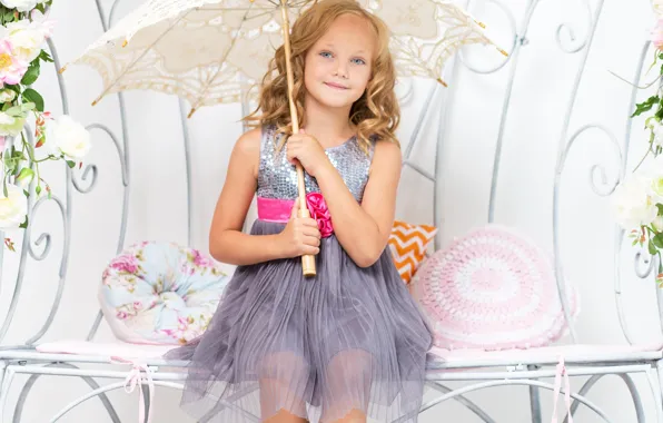 Flowers, child, umbrella, dress, girl, girl, photoshoot, umbrella