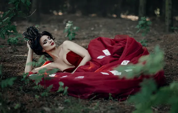 Card, look, girl, pose, glade, red dress, Queen, Mila Agafonova