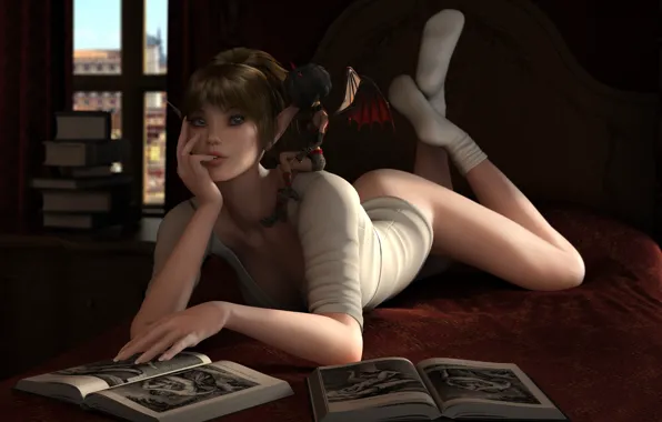 Girl, reverie, pose, the demon, bed, lies, book, pointy ears