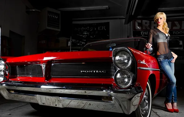 Girls, Pontiac, beautiful blonde, red car, posing on the car