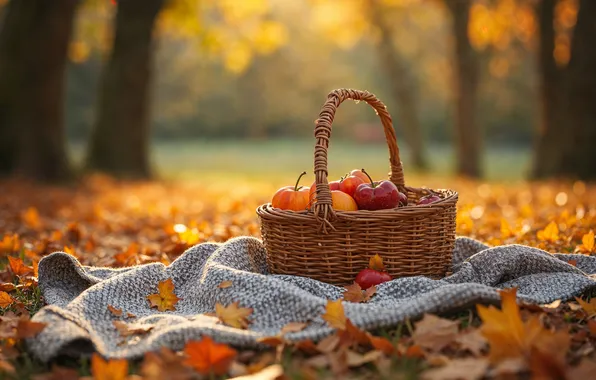 Autumn, light, trees, Park, glade, foliage, apples, garden