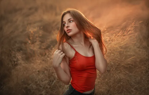 Grass, girl, face, pose, freckles, red, redhead, Jiří Tulach