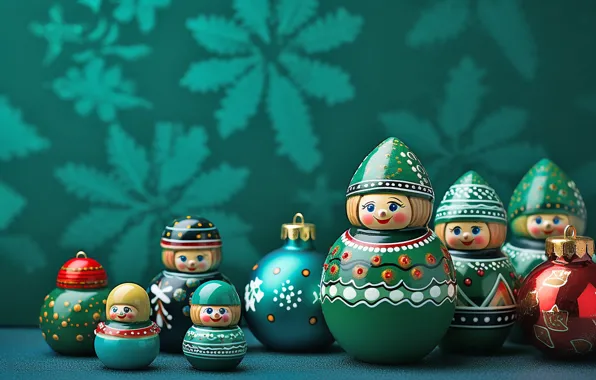 Balls, toys, Christmas, New year, figures, green background, Christmas decorations, AI art