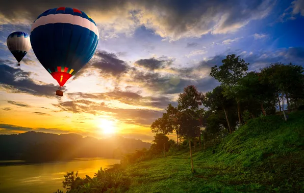 Picture the sun, clouds, landscape, sunset, nature, lake, balloons, the evening