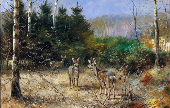 Grass, Trees, Picture, Deer, Three, German artist, Wilhelm Lorenz, Wilhelm Lorenz