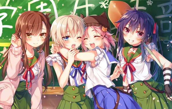 Emotions, girls, bows, friend, blue hair, sailor, hat with ears, School life
