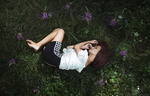 Grass, girl, lies, flowers, Zlobin Awesome, Vita