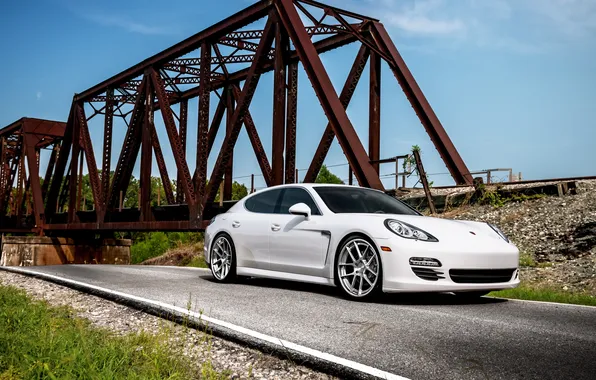 Picture white, bridge, porsche panamera, Porsche Panamera