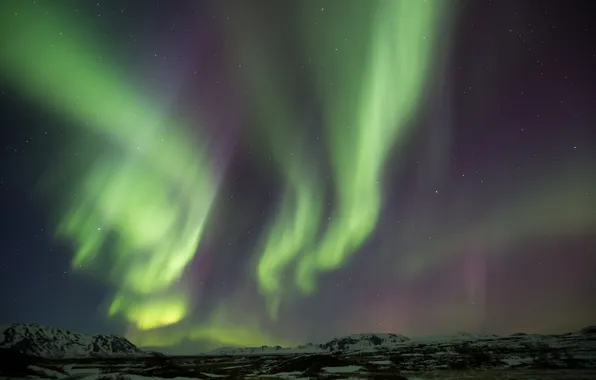 Winter, stars, snow, mountains, night, Northern lights