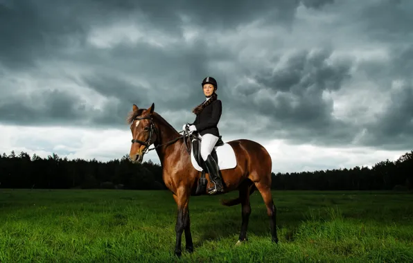 Field, the sky, grass, clouds, trees, horse, Girl, hat