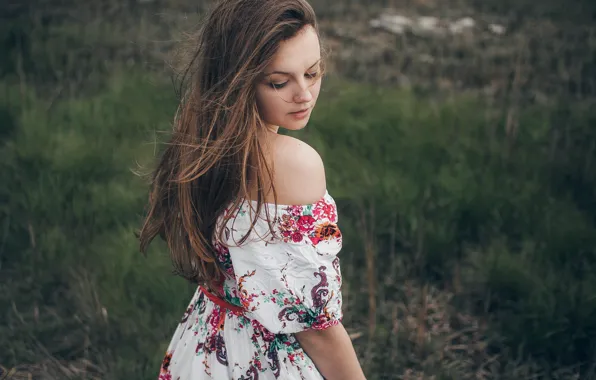 Grass, hair, Girl, dress, shoulders