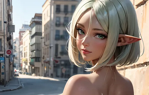 Face, lane, elf, shoulders, grey hair, flats, sideways, city street