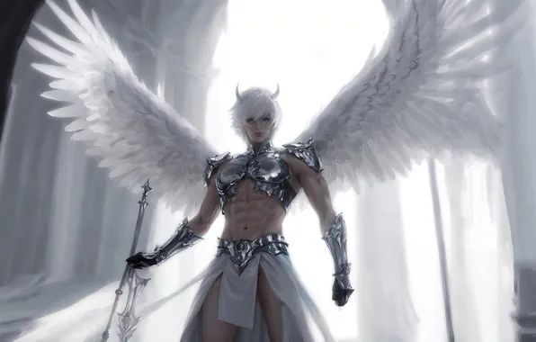 Horns, armor, art, wings, hybrid, men, fantasy art, white hair