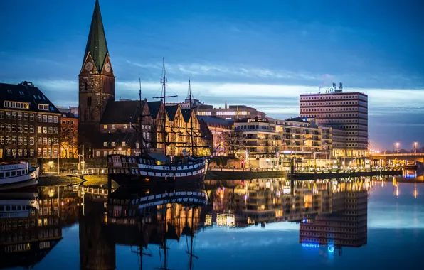 The sky, water, lights, reflection, river, watch, ship, tower