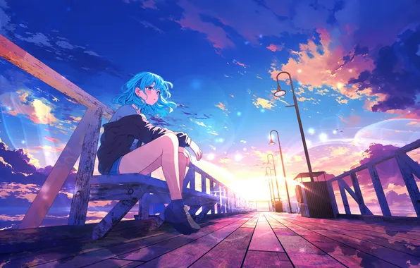 Girl, anime, girl, blue hair, anime, sunlight, sunlight, anime girls