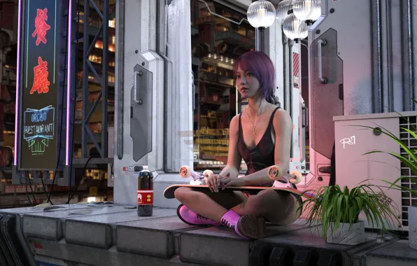 Picture Asian, jean, women, digital art, skateboard, sitting, boots, purple hair