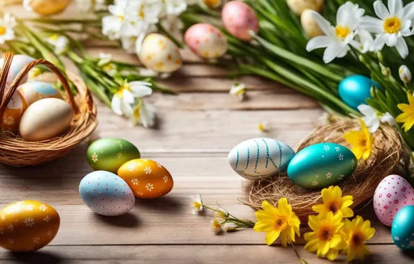 Flowers, eggs, spring, colorful, Easter, flowers, spring, Easter
