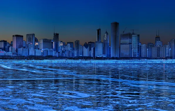 Picture blue, Winter, Ice, Skyscrapers, panorama
