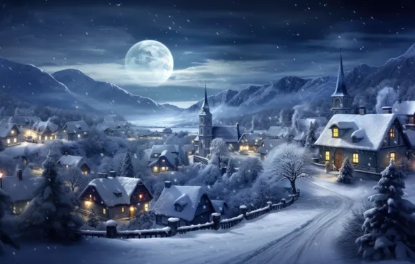 Winter, snow, night, the city, lights, New Year, village, Christmas
