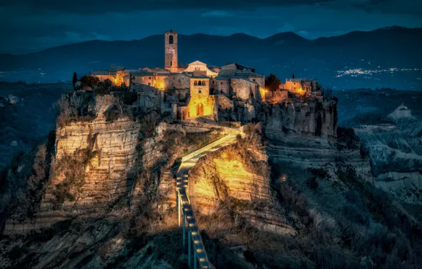 Road, mountains, night, rock, building, home, village, Italy