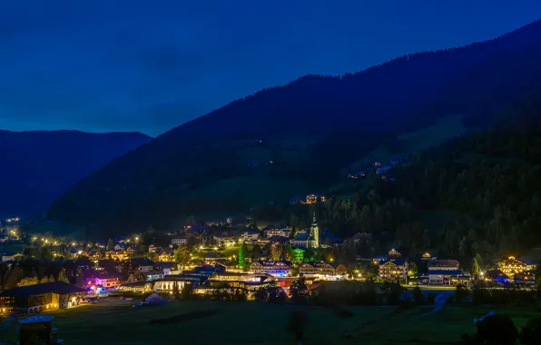 Forest, the sky, trees, mountains, night, lights, home, Austria