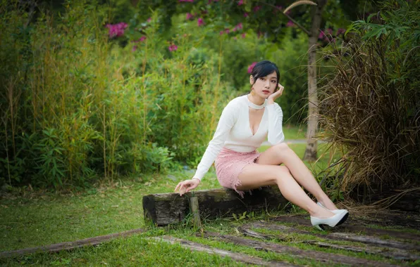 Picture girl, pose, green grass, neckline, girl, Asian, beautiful girl, asian