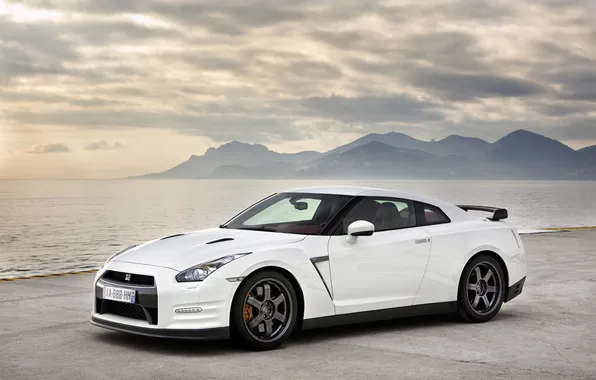 Picture sea, white, mountains, nissan, gt-r
