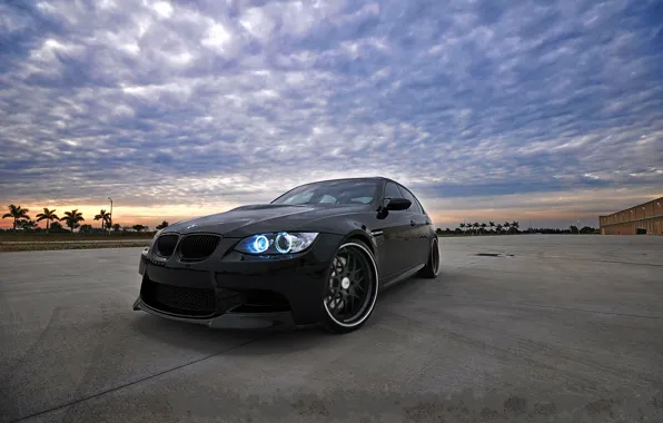 Picture the sky, clouds, sunset, palm trees, black, bmw, BMW, black
